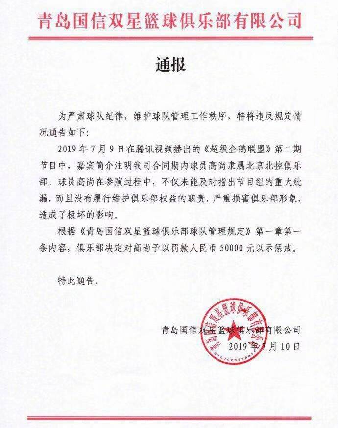 官方：高尚违反球队管理规定 被罚款5万人民币