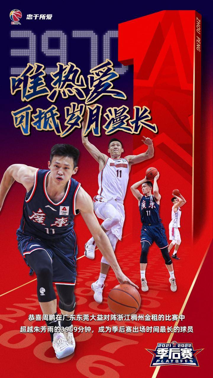 周鹏超越前队友朱芳雨，成CBA历史季后赛出场时间最长的球员