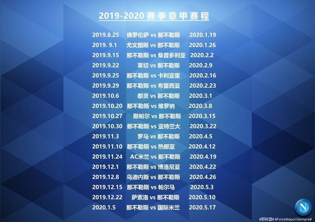 2019/20赛季意甲那不勒斯完整赛程的图片版。...
