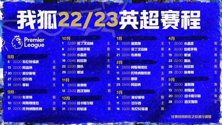我狐22/23赛季英超赛程中文图片版，大家可以先...