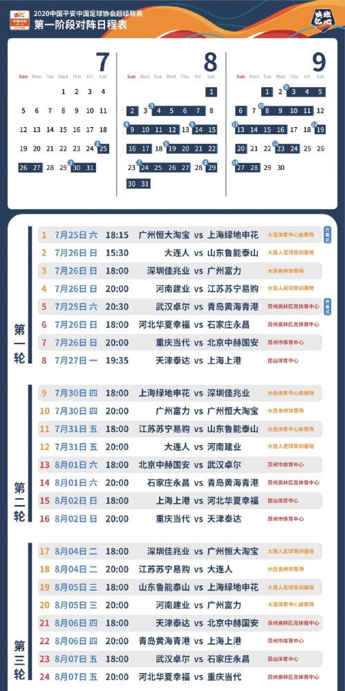 2020赛季中超联赛第一阶段首轮对阵赛程时间表出炉