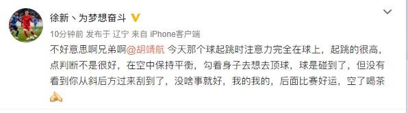 徐新为红牌致歉：起跳时注意力完全在球上，点判断不是很好