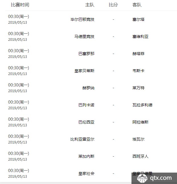 2018-2019赛季西甲联赛第37轮赛程一览