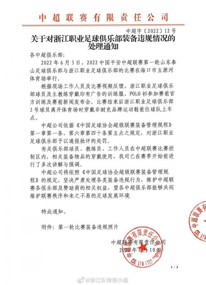 博主：浙江队新赛季首轮赛前和赛后装备违规，被足协通报批评