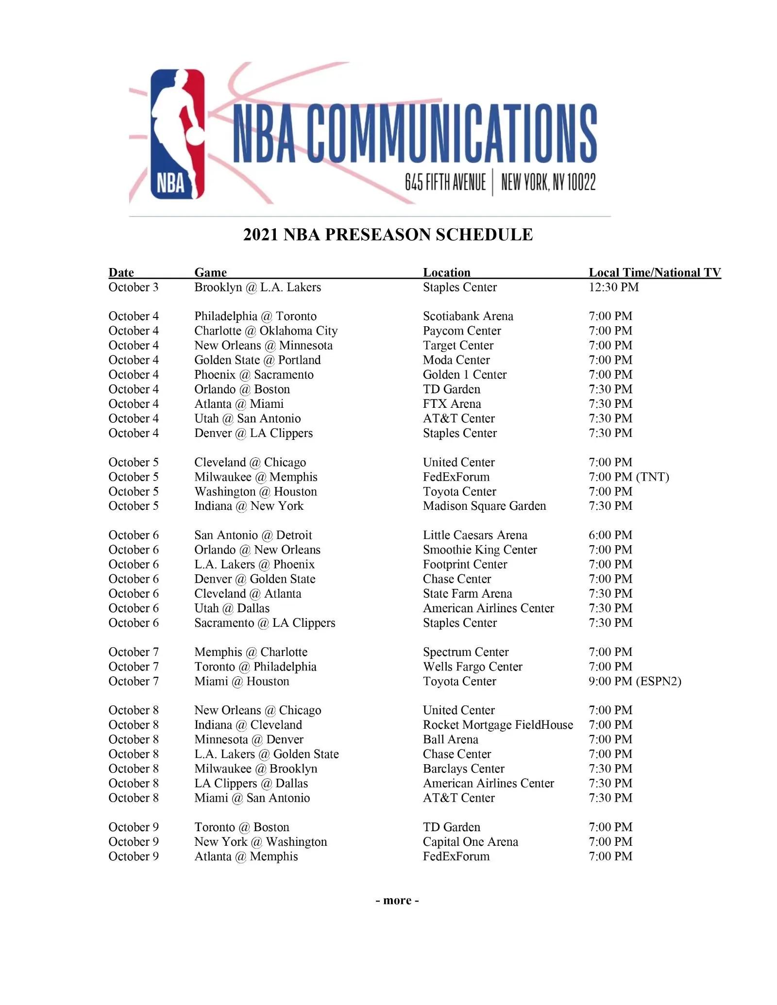NBA季前赛赛程出炉，首场比赛湖人对篮网
