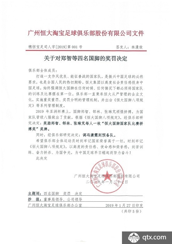 热恒大嘉奖郑智等人 唯独冯潇霆被罚下放预备队