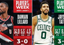 NBA官方公布的第一周最佳球员塔图姆·利拉德一起成功当选。