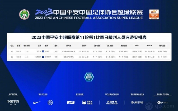 中超第11轮第1个比赛日裁判安排