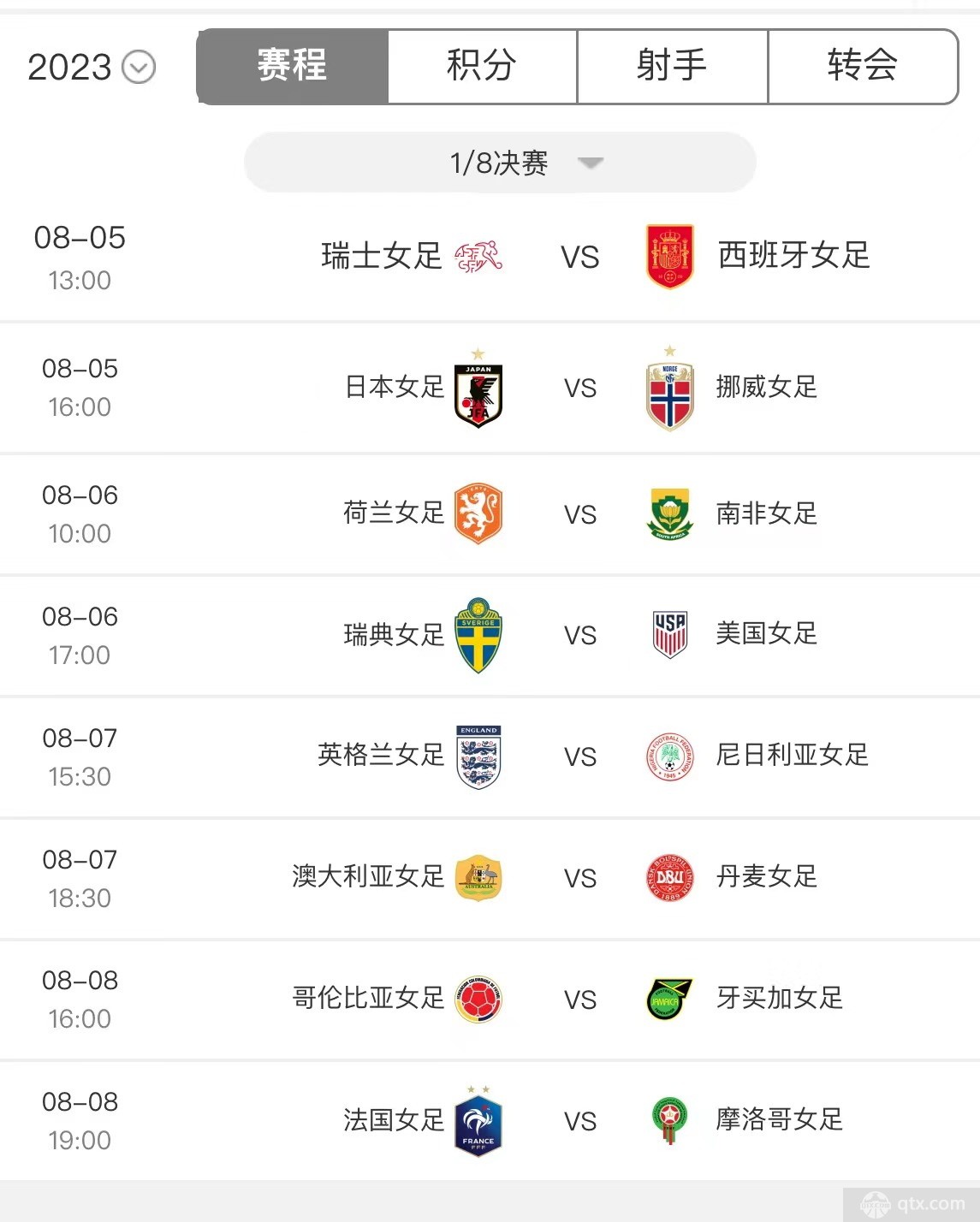 女足世界杯16强对阵